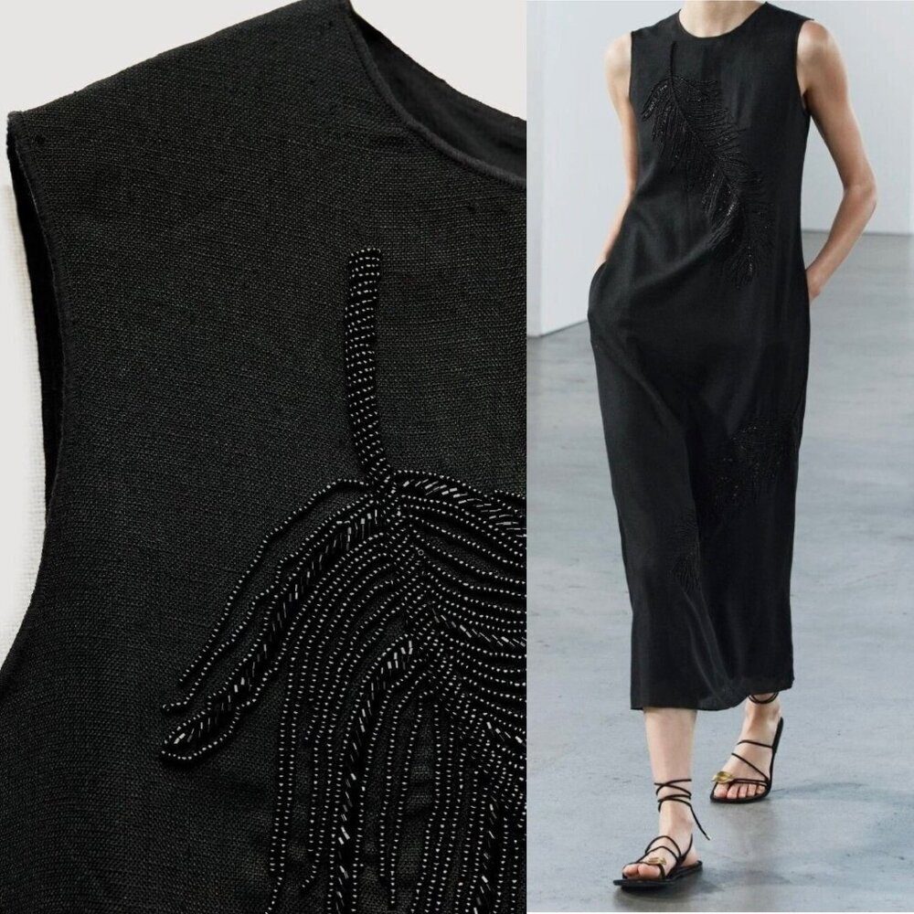 Zara Beaded Feather Sleeveless Embroidered Midi Dress NWT Black Size XS